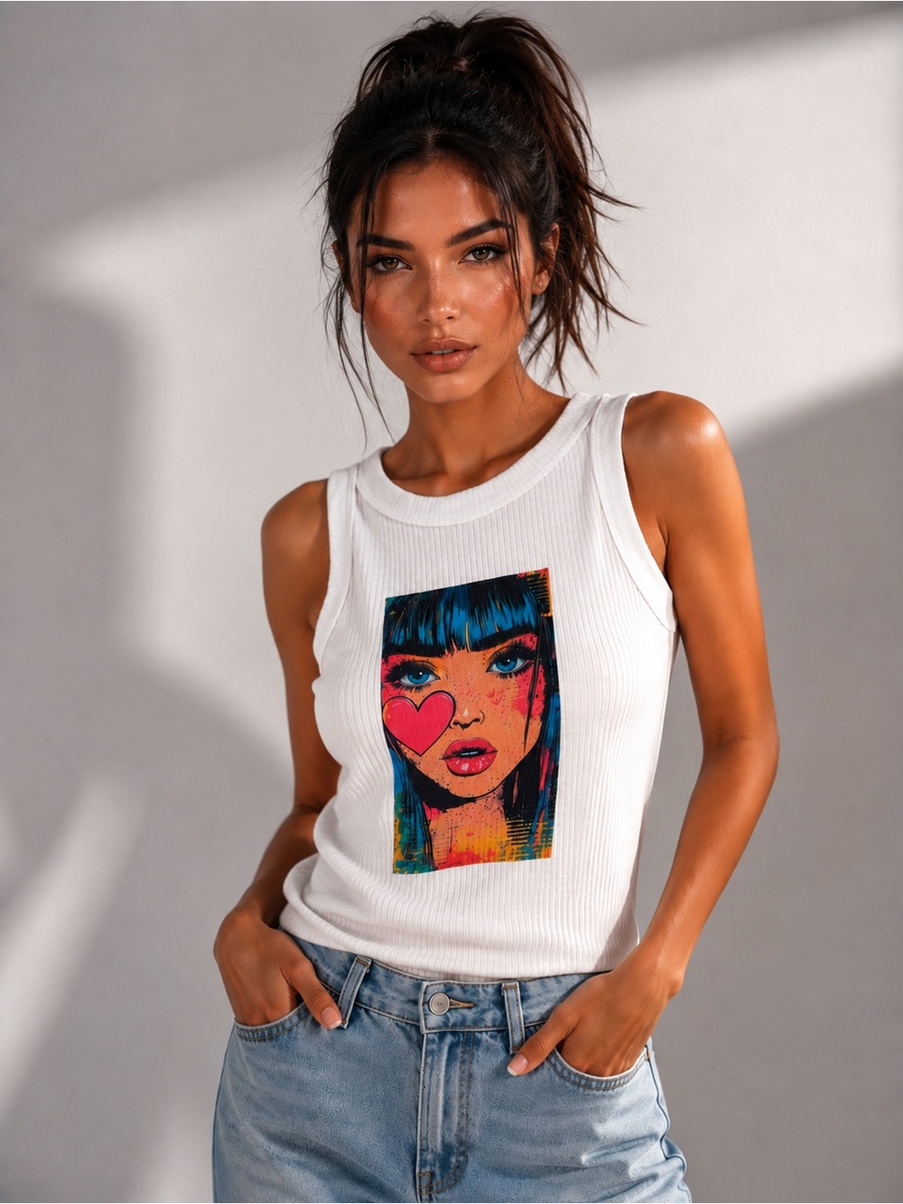 GAP White Ribbed Tank with Colorful Pop-Art Face